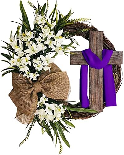 Easter Cross Wreath with Burlap Bow, Easter Door Wreath with Burlap Bow Swag Bowknot Rustic Farmhouse Spring Lily Wreath Easter Decorations for Hanging Door Decor (23IN Num.05) by Unknown