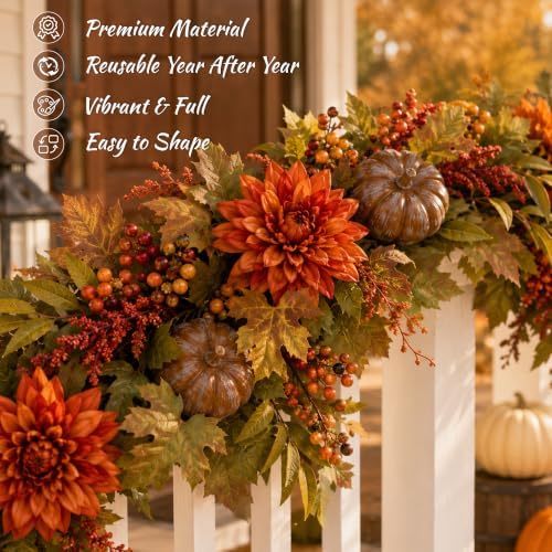 Grooy Fall Garland for Mantle, 6FT Pumpkin Maple Leaves Garland - Image 3