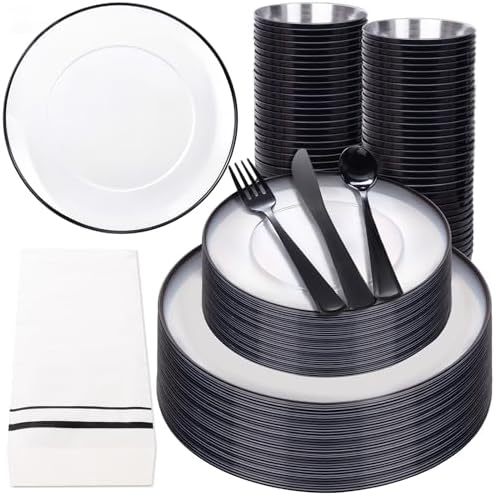 NOCCUR 350PCS Clear and Black Plastic Plates - Disposable Dinnerware Set for 50 Guests Include 100 Dinner/Dessert Plates,150 Black Cutlery,50 Cups&50 Napkins Ideal for Party/Birthday/New Year by NOCCUR