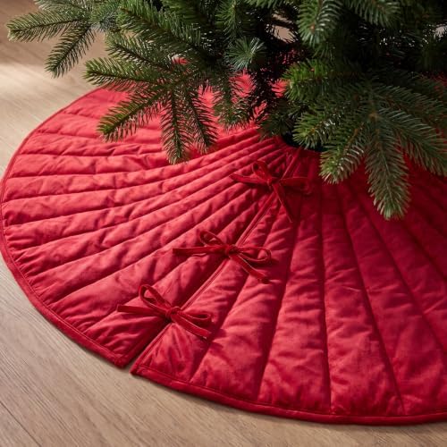 48 Inch Dusty Velvet Quilted Christmas Tree Skirt, Red - Image 2