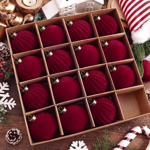 Pinkunn 24 Pcs Velvet Burgundy Christmas Ball Ornaments 3.15 Inch by Pinkunn