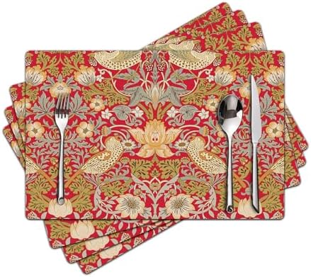 Strawberry Thief Red Placemats - Placemats Set of 4 Faux Leather Heat Resistant for Dinner Table, Non-Slip Waterproof Oil-Proof Washable Reusable Placemat for Indoor Outdoor Kitchen by Unknown