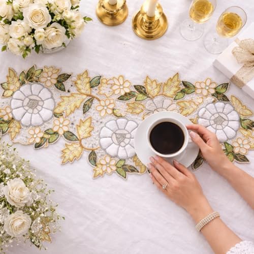 Beaded Table Runner Decore 36 inches Long Christmas Flower Design Beaded Table Runners for Halloween, Christmas, Easter Coffee Tropical - 36"x13" Green Ivory Gold Olio Marfa - Image 5