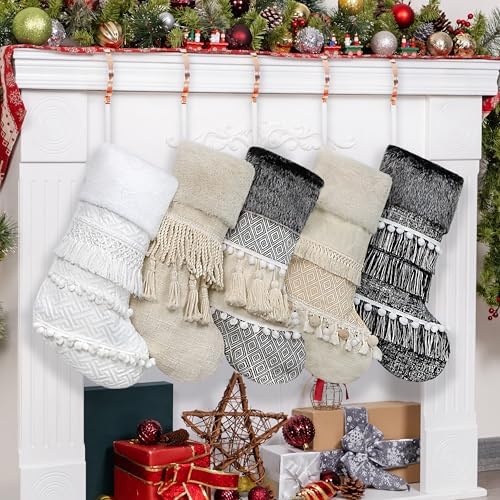 BHD BEAUTY 2025 New Farmhouse Bohemian Style Christmas Stocking Set of 5 Tassel Xmas Stocking Boho Macrame Decorations Mantel Hanging Ornament for Xmas Holiday Party - Image 2