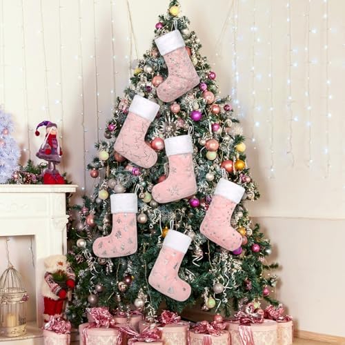 Pink Christmas Stockings Set of 6 - Lage Elegant Faux Fur Xmas Stockings with Silver Christmas Tree Snowflake Designs, Pink Christmas Decoration for Holiday Party Home - Image 5