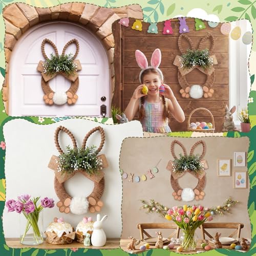 Norme 18 Inch Easter Bunny Wreath Spring Artificial Flower Rabbit Rattan Wreath with Rabbit Tail Feet Green Twig and Berries Linen Bow Knot for Farmhouse Front Door Farmhouse Wall Home Window Decor - Image 6