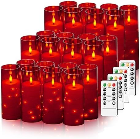 Nimiko Flickering Flameless LED Candles,Battery Operated Candles 24 Pcs with Embedded Star String,Acrylic LED Pillar Candles with Remote,Suitable for Home Decoration to Create an Atmosphere (Red) by Nimiko