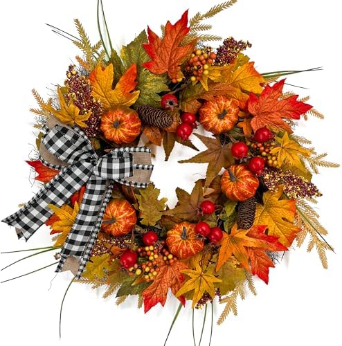 24" Fall Maple Leaf Wreath for Front Door with Buffalo Check Bow - Rustic Autumn Harvest Wreath with Orange Pumpkins, Pinecones and Berries - Farmhouse Thanksgiving Halloween Outdoor Decor by IVKHE%E4%B8%A8PremiumHomeDecor