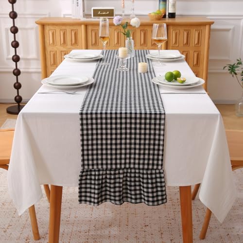 Black White Plaid Gingham Ruffle Table Runner Cabinet Cover 13"x108" by KMASANIJI