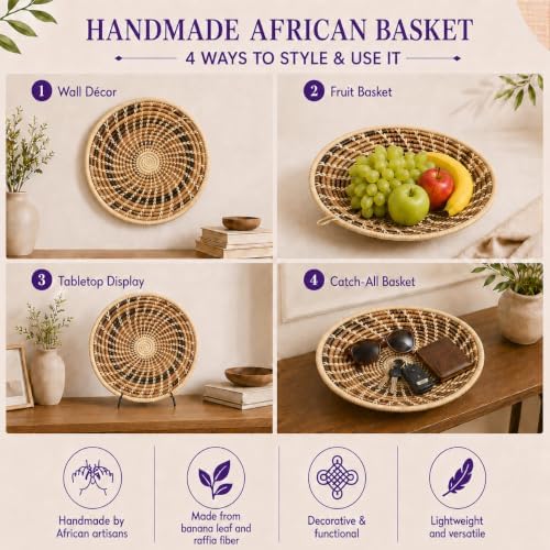 Handwoven African Basket Bowl for Fruits Wall Decor 12in diameter - Image 4