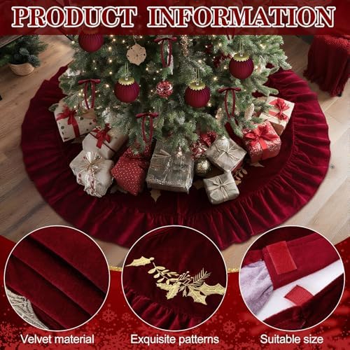 Christmas Tree Skirt, 60 Inches, Gold Embroidered Holly Style, Red - Image 5