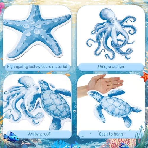 RattanView 12 Pcs Large Outdoor Ocean Hanging Decor Summer Coastal Decor Seashells Turtle Starfish Seahorse Octopus Ornaments Plastic Tags with String Outdoor Beach Ocean for Summer Bachelorette Party - Image 3