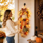 Rustic Harvest Wooden Door Hanger, Pumpkin Maple Fall Bowknot Wall Hanging Sign with Light Autumn Wreath Decorations, Wreath Farmhouse Porch Front Door Home Gift (Orange#4) - Image 4