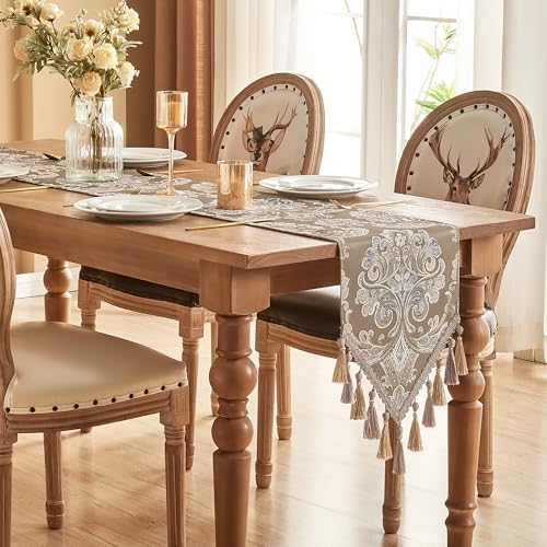 Loom and Mill Damask Floral Table Runner 108 Inches Long, Light Coffee - Image 3