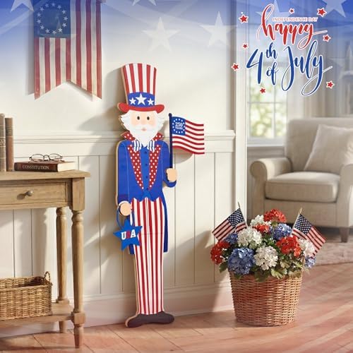 3FT Patriotic Uncle Sam Porch Sign 4th of July Wooden Door Decor, Large 250th Anniversary Memorial Day Front Door Decoration with USA Flag, Leaning or Hanging Outdoor Entryway Porch Decor - Image 3
