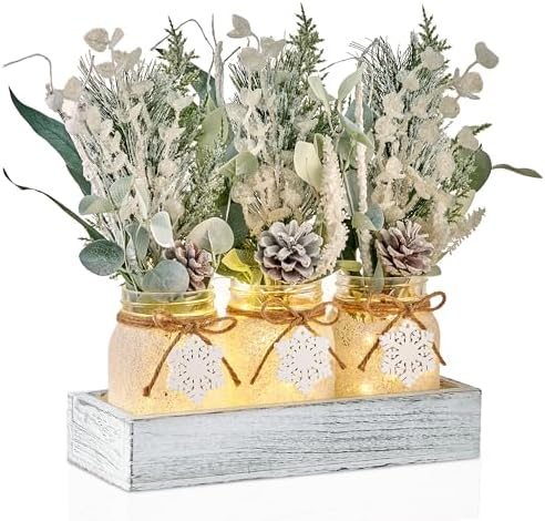 Winter Centerpieces for Tables, Table Decor with Mason Jar, Flowers Picks, Farmhouse Wood Tray, Snowflake Sign, 22 Pcs Christmas Winter White Wonderland Table Decorations Centerpieces for Home - Image 2