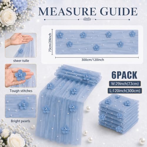 6 Pcs 29x120'' Pearl Tulle Table Runner 10ft Wedding Tablecloth, Blue - Image 4