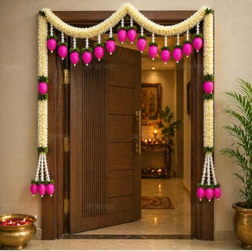 Divyakosh Artificial Flower Door Toran Set, Bandarwal with Lotus Hangings (48 Inch) | Main Door Hanging Decor for Diwali, Wedding, Pooja | Indian Festive Home Entrance Decoration White Pink | - Image 5