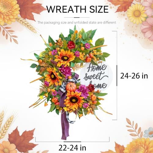 24 Inch Fall Wreaths for Front Door,Outdoor Autumn Wreath with Sunflowers - Image 2