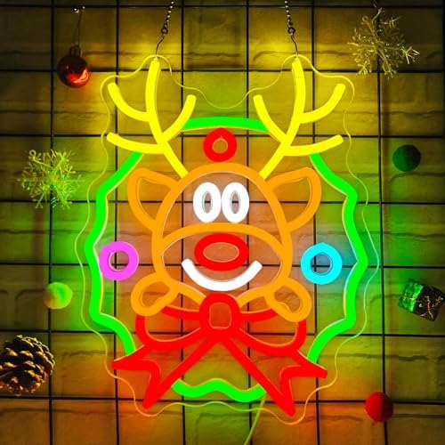 Christmas Neon Sign Wreath Elk Neon Sign for Wall Decor Deer Led Neon Christmas Lights Dimmable Reindeer Light Up Signs for Window Wall Art for Bedroom Festival Xmas Party Home Decoration Gift - Image 2