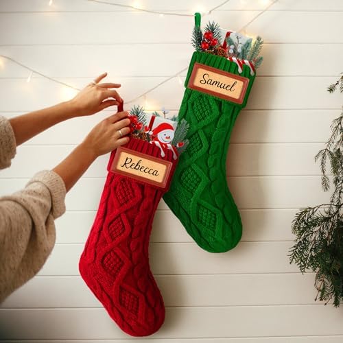 JellyArch 6 Pcs Personalized Christmas Stockings Xmas Stocking with Leather Patches Custom Name Cable Knitted Hanging Family Stockings for Christmas Holiday Fireplace Party Decoration (18 Inches) - Image 6