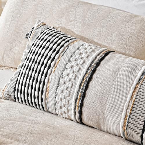 AmHoo Chenille Striped Textured Boho Throw Pillow Covers Aesthetic with Tassels Woven Decorative Pillow Case for Couch Bed Sofa Bedroom Modern Funky 14 x 36-Inch Black - Image 4