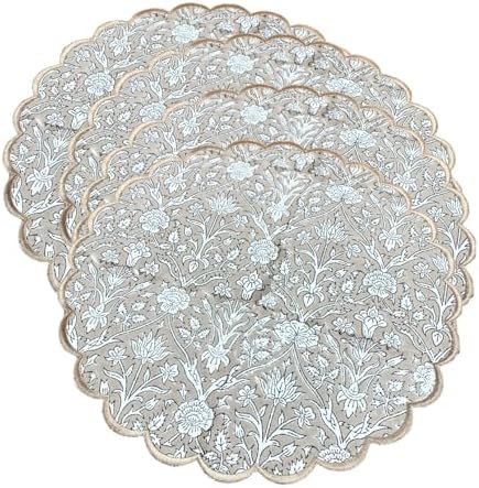 Ridhi Bo-ho Round Place Mat Easter Floral Cotton Washable Placemats 15" Round Embroidery Block Print Table Mat (Pack of 4-15 Inch Round, Taupe) - Image 2