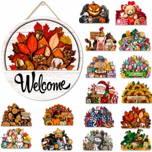 16 PCS Interchangeable Welcome Sign for Front Door, With 16 Interchangeable Seasonal Icons, Wooden Welcome Signs for Front Door for Holidays and Year Round Home Decor by Unknown