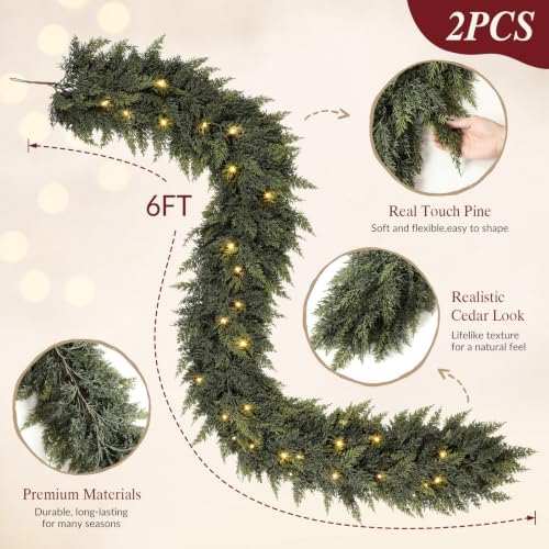 2PCS 6FT (12FT) Pre-Lit Cedar Christmas Garland with Lights, Mantel Decor. - Image 3