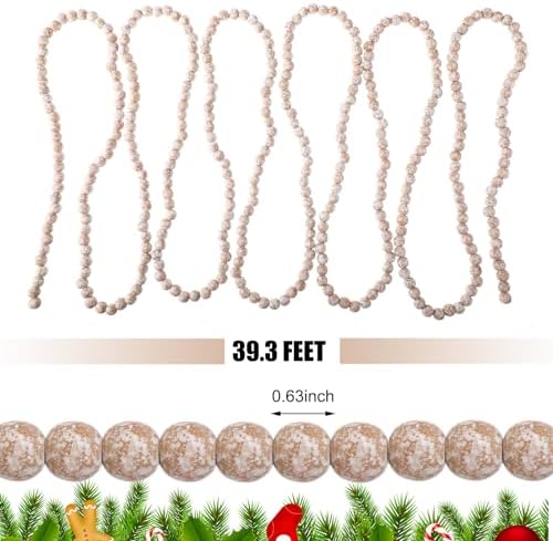 Fairysandy 39.3 ft Frosted Wooden Bead Garland Christmas Farmhouse Decor - Image 4