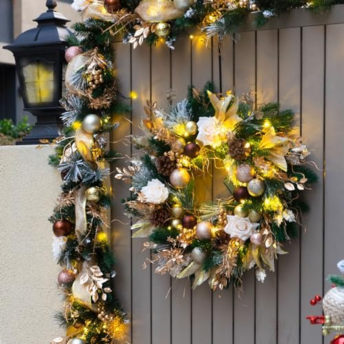 Christmas Wreaths for Front Door with Lights 24 Inch Gold Christmas Wreath - Image 3
