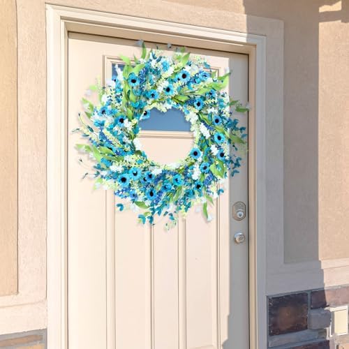 Hotop 2 Pcs Spring Summer Door Wreath for Front Door 22'' Artificial Blue Daisy Flower Wreaths with White Floral Green Leaves for Indoor Outdoor Home Wedding Farmhouse Window Decor - Image 6