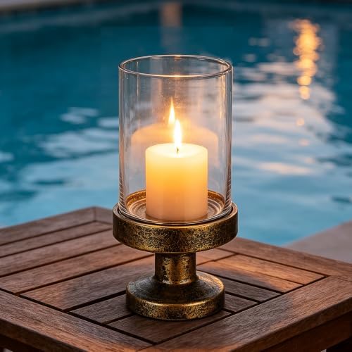 6" Wide Glass Hurricane Candle Holders and Glass Vase with Metal Base in Antique Gold, Handmade and Sturdy Glass, Pillars, Flower Arrangement, Centerpiece, Dining Table, Console Table, Mantel - Image 3