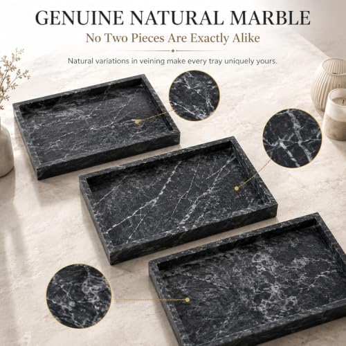 Natural Marble Decorative Tray, 11.8"x7.87" Solid Stone Serving Tray with Raised Border, Versatile Rectangle Organizer for Entryway Key, Coffee Table, Nightstand, Jewelry & Home Accent (Black) - Image 2