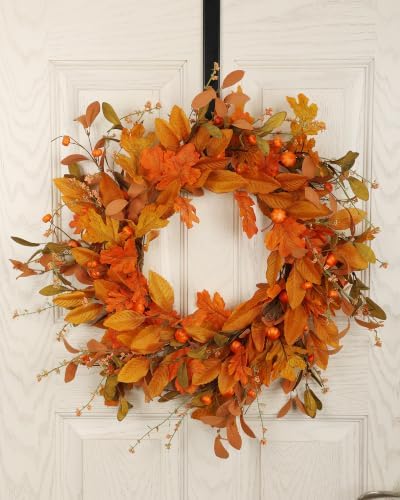 Fall Wreath for Front Door 24 inch Autumn Leaves Pumpkin Outdoor - Image 2