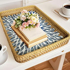 Set of 2 Rectangular Mother of Pearl & Rattan Trays - Artisanal Leaf Pattern Serving Trays for Dining & Dresser - Tropical Decorative Nesting Organizers for Living Room (Blue & White) - Image 2