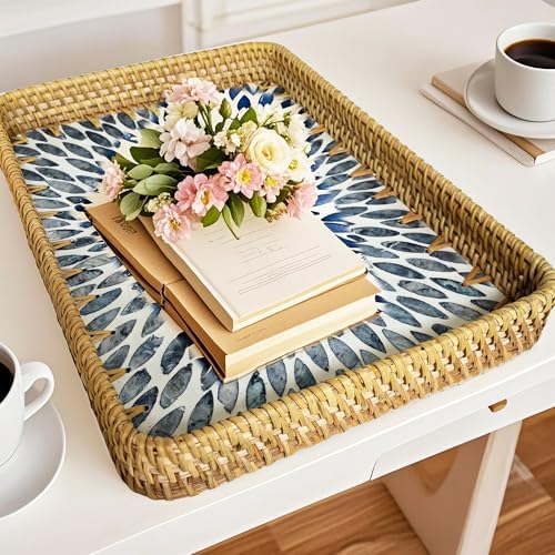 Set of 2 Rectangular Mother of Pearl & Rattan Trays - Artisanal Leaf Pattern Serving Trays for Dining & Dresser - Tropical Decorative Nesting Organizers for Living Room (Blue & White) - Image 2