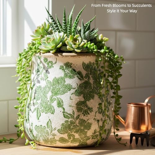 Vintage Ceramic Vase with Green Floral Pattern, White and Green, Crackle Glazed Finish, Decorative Garden Design (Large - Belly Jar with Drainage Hole) - Image 3