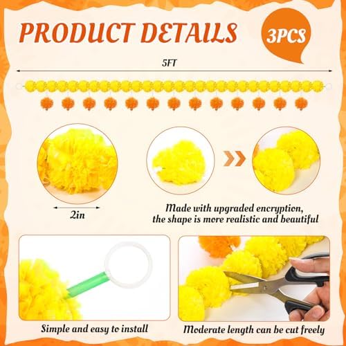 Riceshoot 3 Pcs Marigold Garland 4.6 ft for Day of The Dead Decor, Yellow - Image 2
