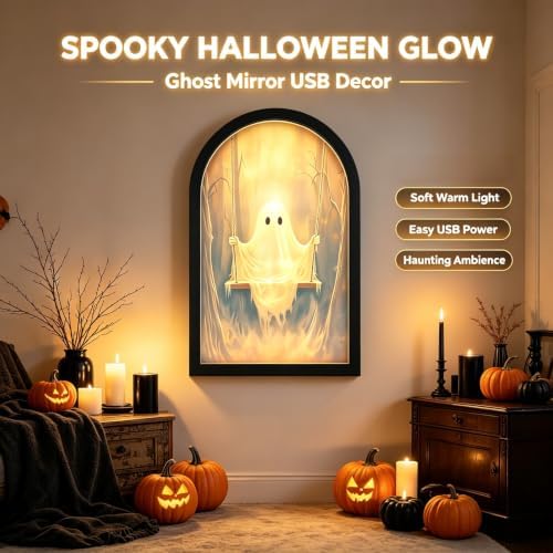 Light Up Ghost Mirror, Novelty Halloween Mirror with Ghost on the Swing, Spooky Light Up Mirrors Holiday Displays, Gothic Halloween Decorations Indoor for Wall Table Mantel Room Home Office Party (#2) - Image 4