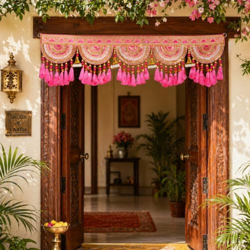 Decorative Toran Door Hanging Artificial Velvet Cloth Bandanwar Beads Wall Toran Wall Hanging Indian Traditional Festival Main Door Entrance Window Home Temple Living Room Valance (Size:-36")(Pink) - Image 2