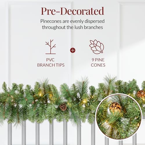 Best Choice Products 9ft Pre-Lit Christmas Garland Holiday Décor for Stairs, Mantel, w/Pine Cones, 2-in-1 White & Multi LED Lights - Image 6