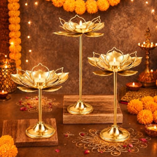 3 Pcs Diwali Lotus Candle Holders, Detachable Tealight Stands for Pooja by Unknown