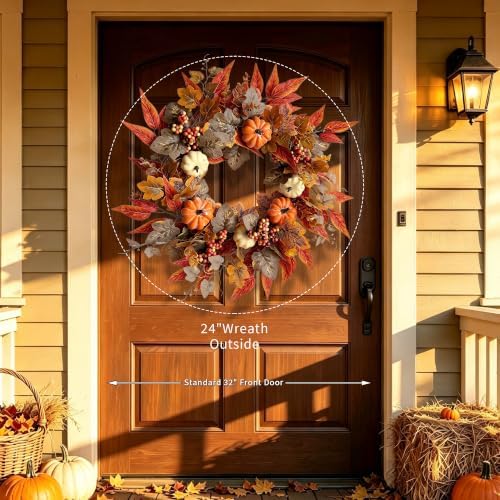 22-24 Inch Fall Wreaths for Front Door, Artificial Autumn Leaf Wreath Decor - Image 6