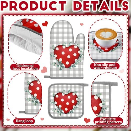 VitalCozy Set of 10 Valentine's Day Kitchen Towels Heart Kitchen Mats Oven Mitts and Pot Holders Set Absorbent Red Tea Hand Towels Valentine's Day Decorative Towel for Baking Cooking BBQ - Image 4