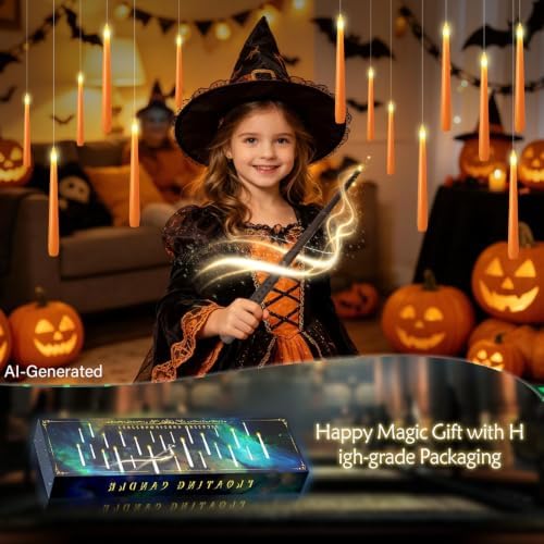 kakoya Flameless Floating Candles with Wand，20 Pcs Magic LED Hanging Taper Candles，Flickering Battery Operated Taper Candle with Wand Remote for Halloween Decorations Best Gift(Orange) - Image 3
