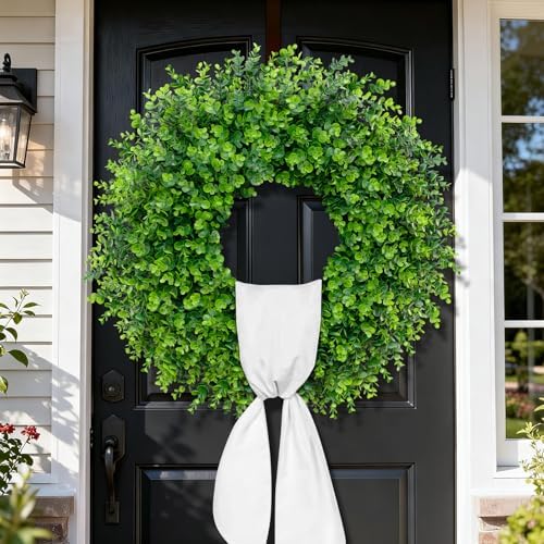 28'' Large Boxwood Wreaths Front Door Artificial Green Spring Wreath with Sash Wreaths for Front Door Farmhouse Greenery Year Round Outdoor Indoor for Summer Wreath St Patricks Day Decoration - Image 3