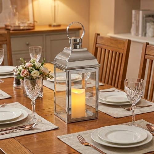 JHY DESIGN Silver Decorative Lanterns 12.5''High Stainless Steel Candle Lanterns with Tempered Glass for Indoor Outdoor Events Parities and Weddings Vintage Style Hanging Lamps - Image 2