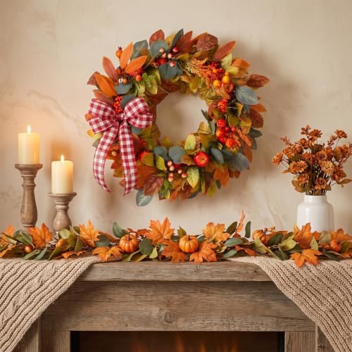 24" Fall Apple Wreath for Front Door, Eucalyptus Leaves Harvest Decor - Image 5