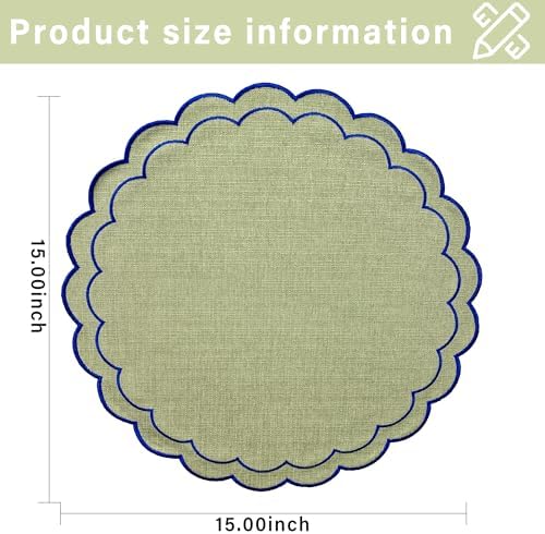 Linen Cotton Placemats Set of 4 Scalloped Flower Embroidery Place Mats 15'' Natural Linen Texture Fabric Machine Washable Table Mats for Restaurant Kitchen,Table Decor(Matcha Green) - Image 2